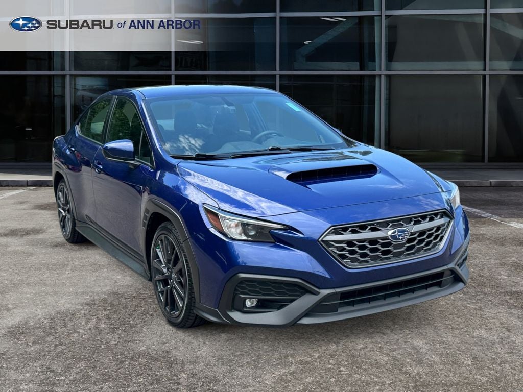 2023 Subaru WRX Premium **LIFETIME POWERTRAIN** in Sapphire Blue — front three-quarter view