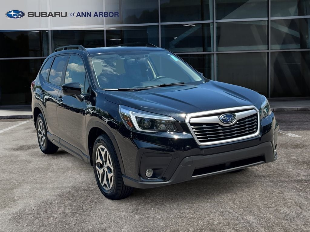 2021 Subaru Forester Premium in Crystal Black Silica — front three-quarter view