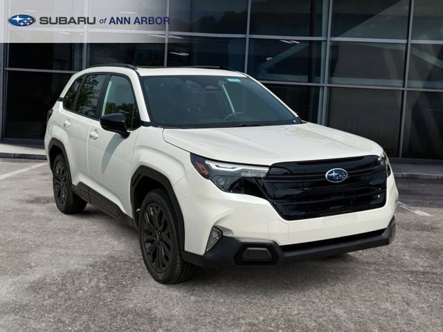 2026 Subaru FORESTER Sport Onyx Edition in Crystal White Pearl — front three-quarter view