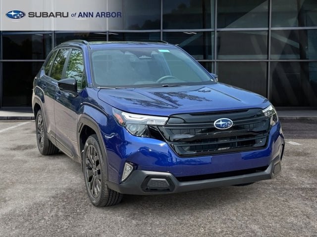 2026 Subaru FORESTER Sport Onyx Edition in Sapphire Blue Pearl — front three-quarter view