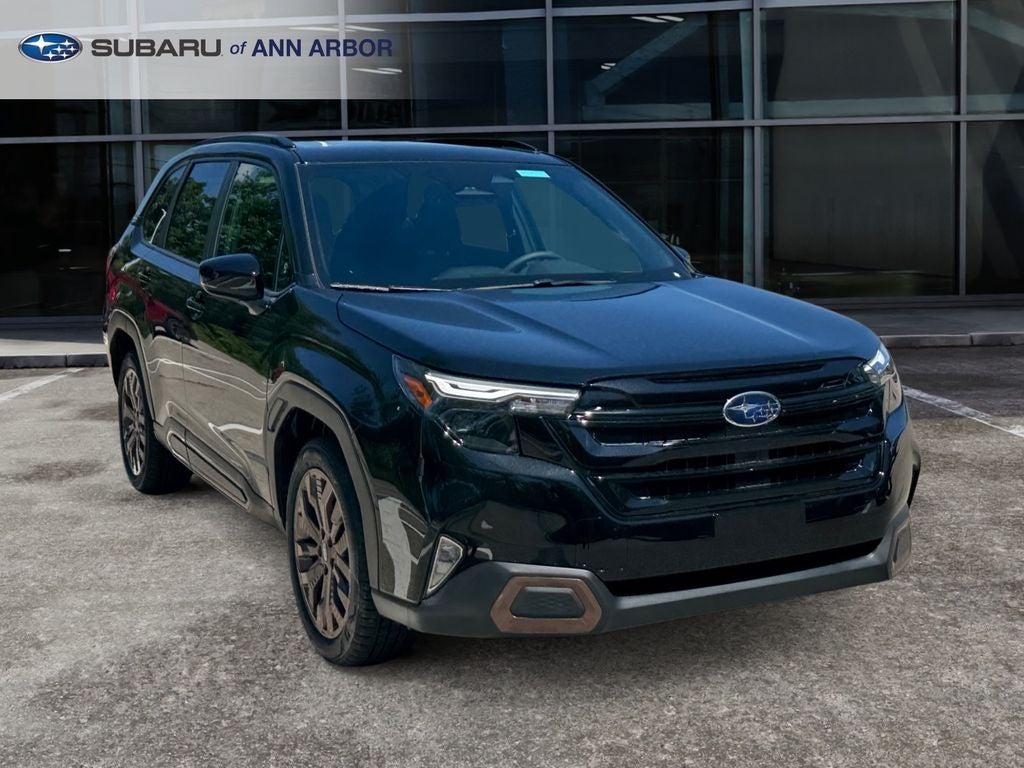 2026 Subaru FORESTER Sport in Crystal Black Silica — front three-quarter view