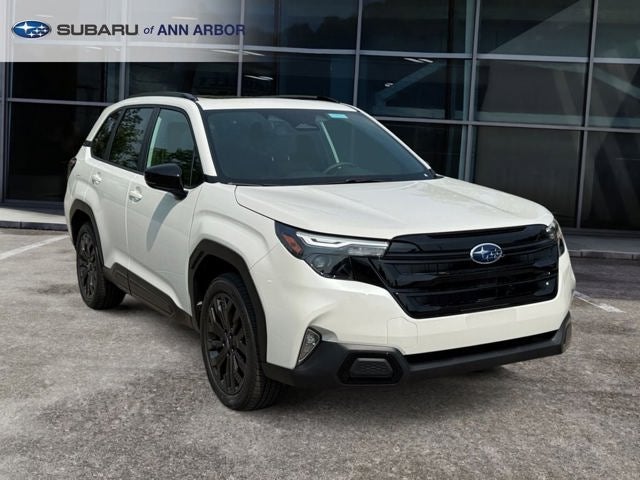 2026 Subaru FORESTER Sport Onyx Edition in Crystal White Pearl — front three-quarter view