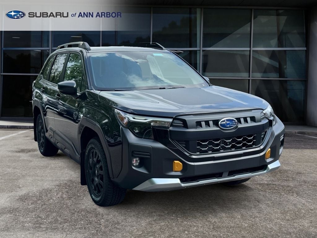 2026 Subaru FORESTER Wilderness in Crystal Black Silica — front three-quarter view