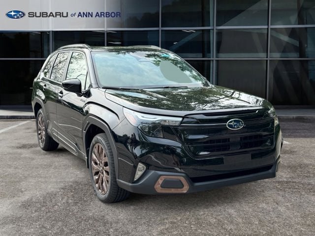 2026 Subaru FORESTER Sport Hybrid in Crystal Black Silica — front three-quarter view