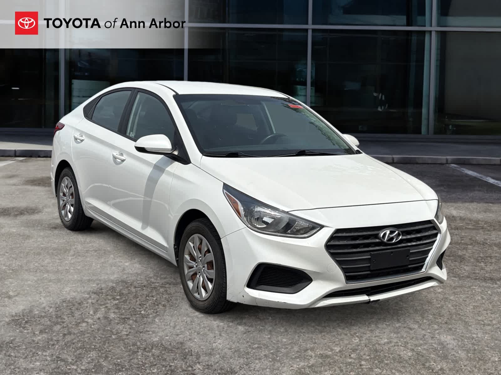 2018 Hyundai Accent SE in Frost White Pearl — front three-quarter view